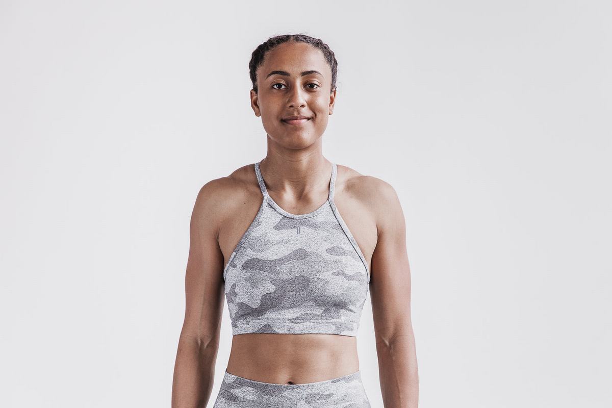 Nobull Halter Plush Heather Women's Sports Bras White Camo | Australia (JZ4768)